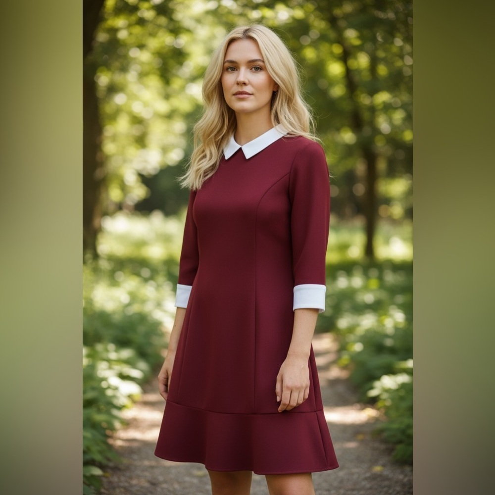 CHIC LINE Women’s Red Shift Dress White Collar 3/4 Sleeve Ruffle Hem Size Large